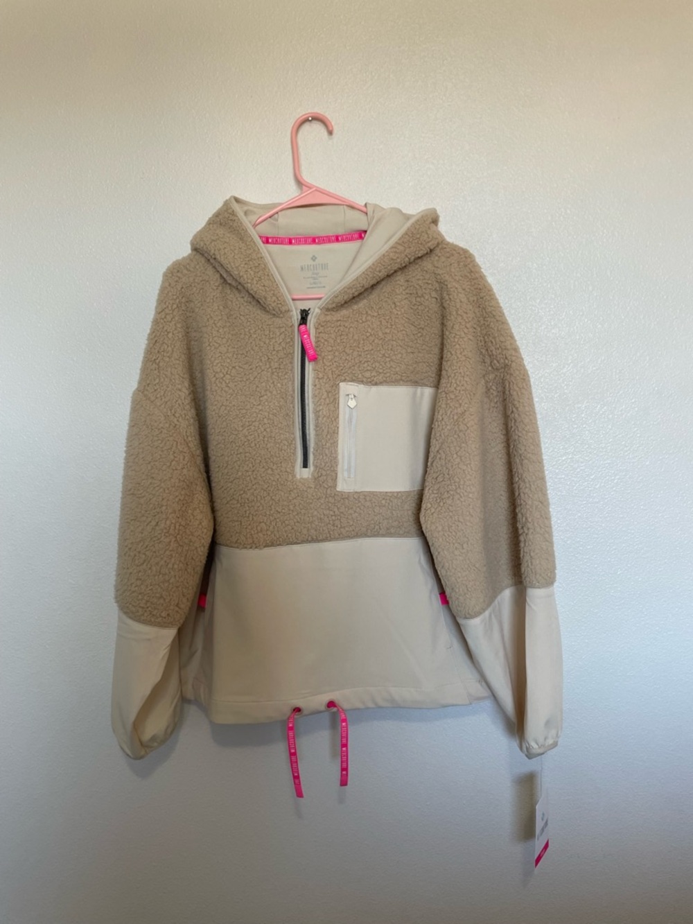 Med Couture Amp Beige Sherpa Half-Zip Hoodie with Pink Accents